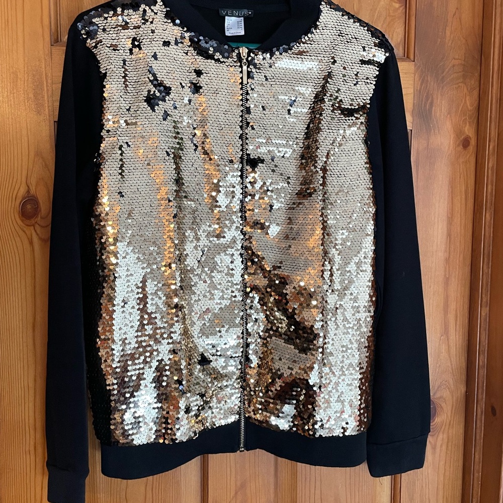 VENUS Black Jacket with Gold Sequin Front Bomber